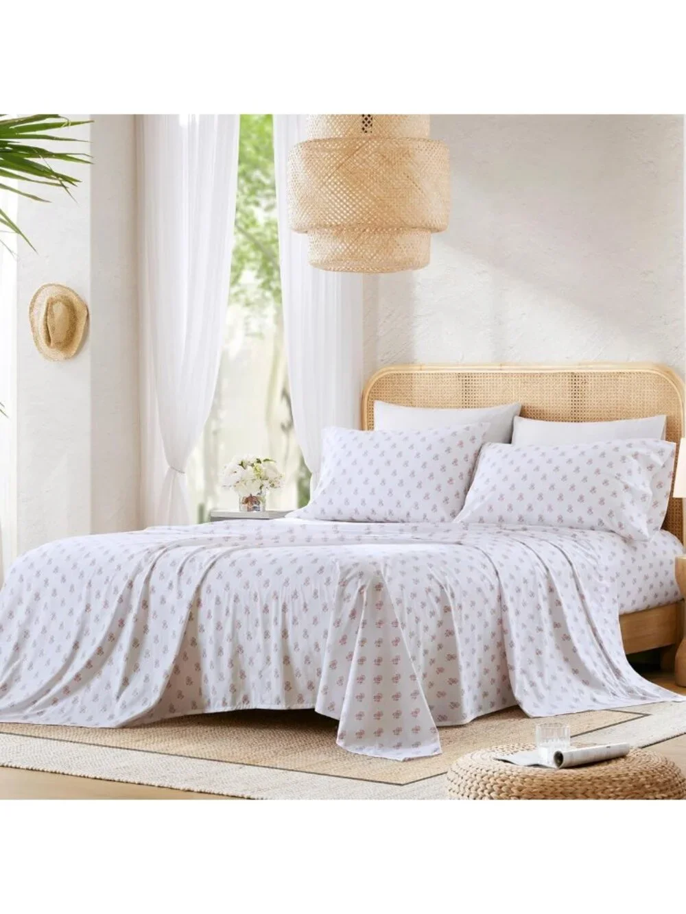 Soft Floral Pink 100% Cotton Queen Sheet Set - Breathable, Cool, Fits 14